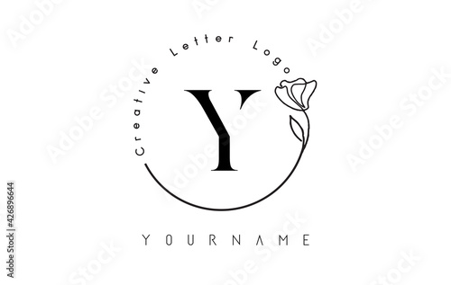 Creative initial letter Y logo with lettering circle hand drawn flower element and leaf.