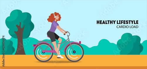 The girl rides a bicycle in the park. Healthy lifestyle. Illustration in flat style.