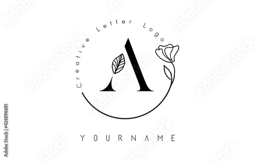 Creative initial letter A logo with lettering circle hand drawn flower element and leaf.