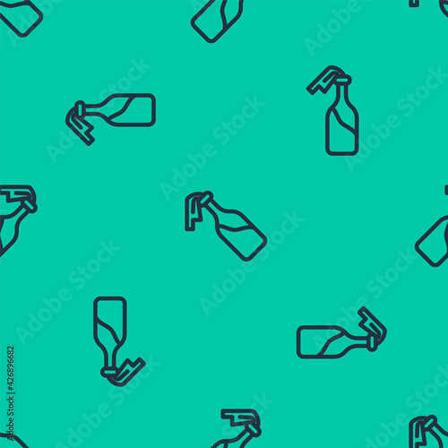 Blue line Cocktail molotov icon isolated seamless pattern on green background. Vector