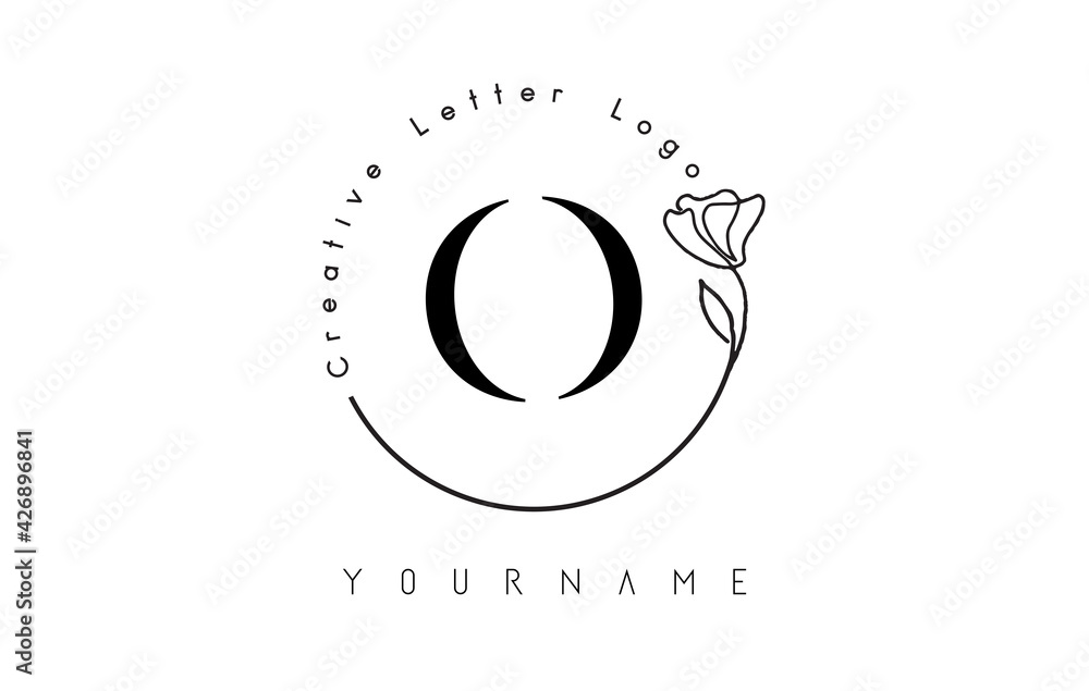 Creative initial letter O logo with lettering circle hand drawn flower element and leaf.