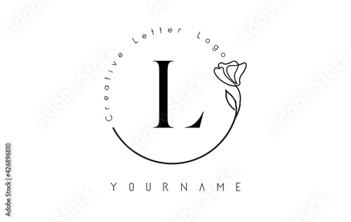 Creative initial letter L logo with lettering circle hand drawn flower element and leaf. photo