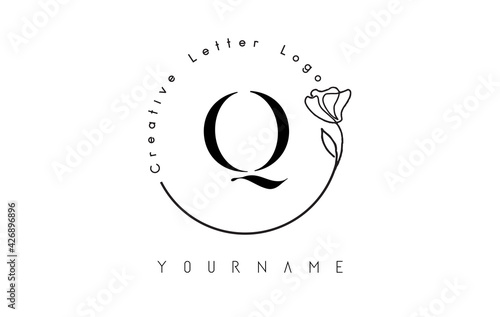 Creative initial letter Q logo with lettering circle hand drawn flower element and leaf.