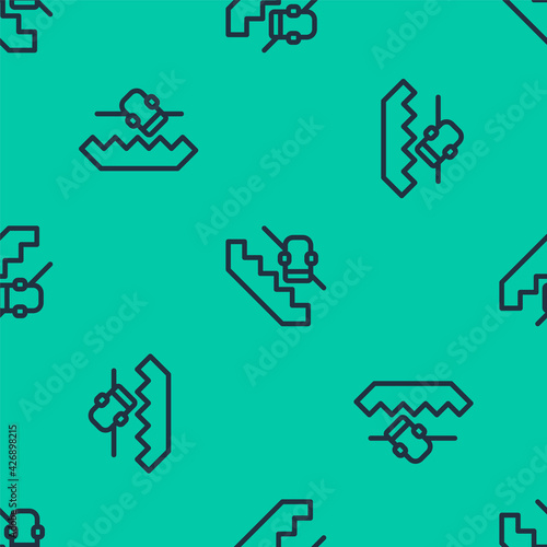 Blue line Disabled access elevator lift escalator icon isolated seamless pattern on green background. Movable mechanical chair platform for handicapped human. Vector
