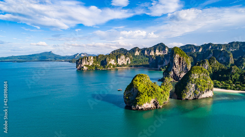 Railay beach in Thailand, Krabi province, aerial view of tropical Railay and Pranang beaches and coastline of Andaman sea from above