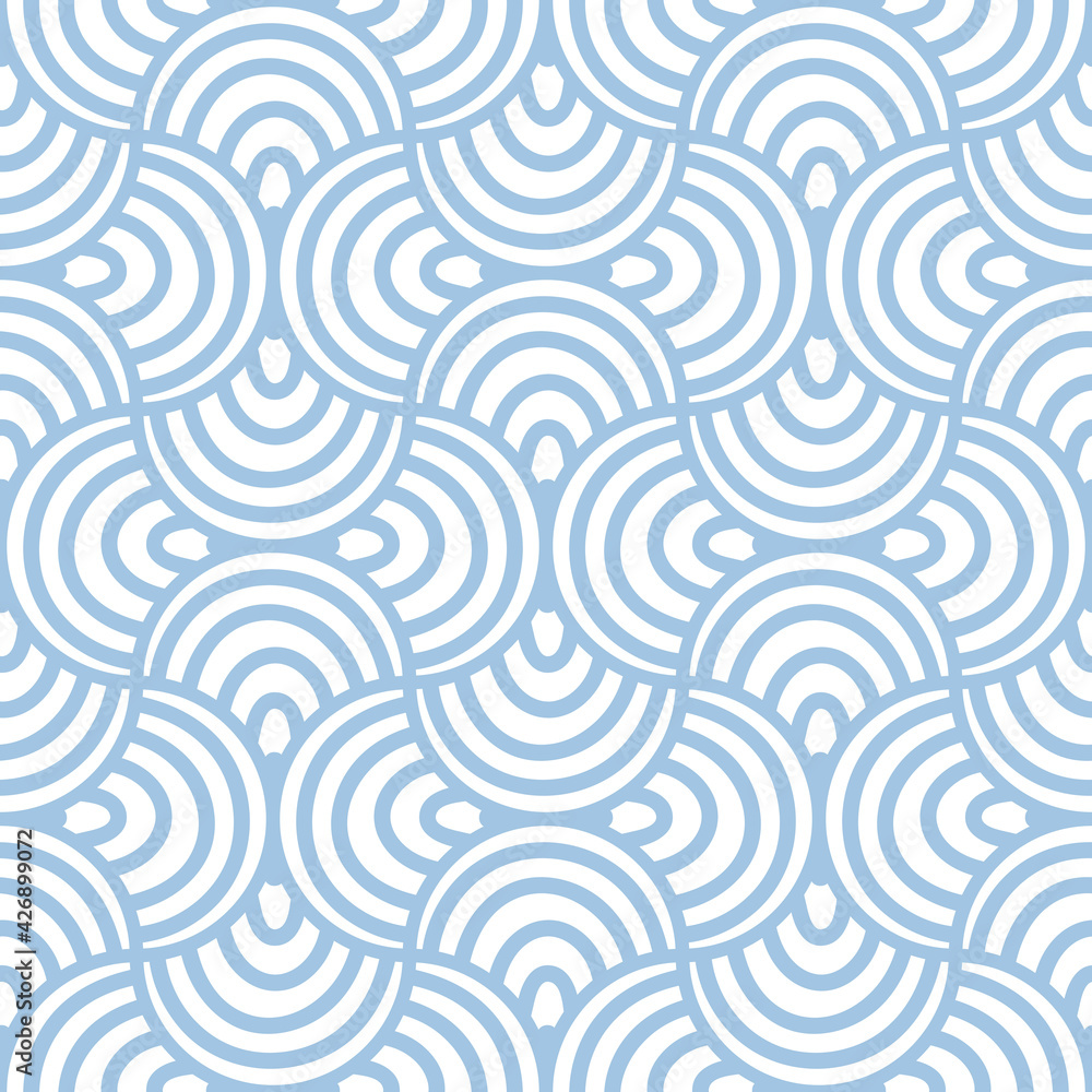 Abstract striped fish scale seamless pattern. Ornamental tile, mosaic background. Arch infinity card.