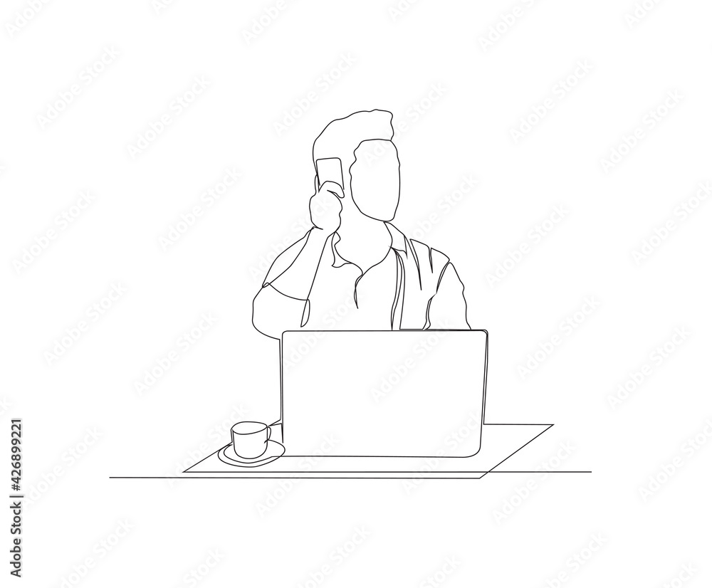 Continuous line drawing of man sitting calling using a phone. a cup of coffee and a laptop on the table. Continuous line drawing of man sitting calling using a phone. a cup of coffee and a laptop on the table.