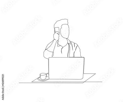Continuous line drawing of man sitting calling using a phone. a cup of coffee and a laptop on the table. © bintank