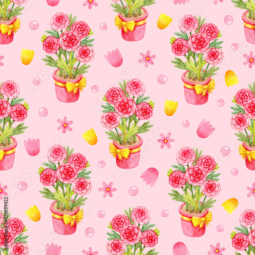 Cute girly pattern with stylized watercolor flowers on a pink background. Floral seamless pattern with a picture of pink flowers in a pot.