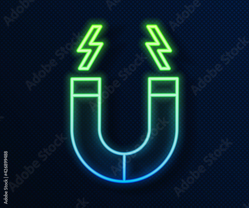 Glowing neon line Magnet icon isolated on blue background. Horseshoe magnet, magnetism, magnetize, attraction. Vector
