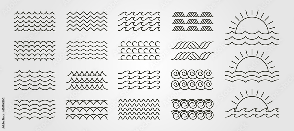 set bundled wave icon logo vector minimal illustration design, line art wave pack logo design - obrazy, fototapety, plakaty 