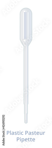 Vector realistic illustration of disposable plastic Pasteur pipette, transfer pipette, or eye dropper isolated on white. Squeezable pipette, medical, biological, or chemical laboratory equipment.
