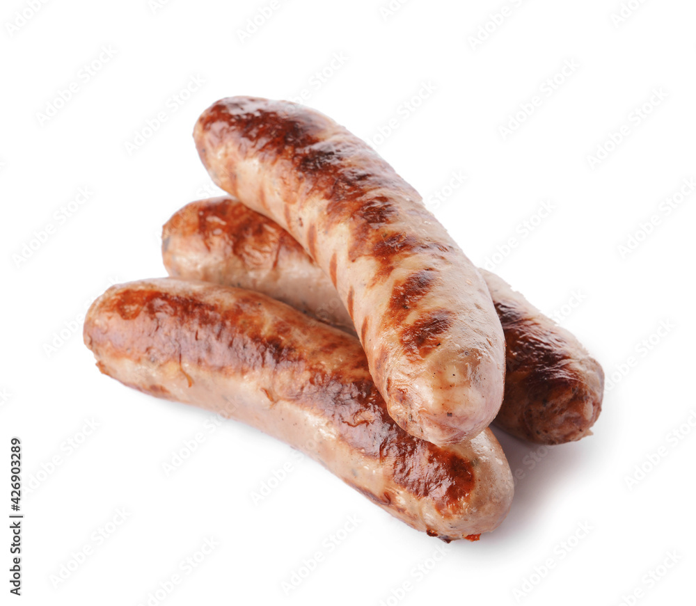 Delicious grilled sausages on white background Delicious grilled sausages on white background