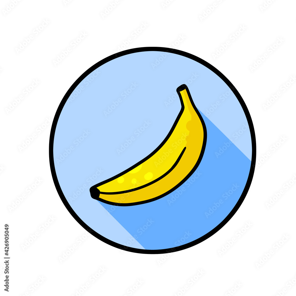 Banana icon. Yellow fruit in blue circle. Cartoon illustration isolated on white