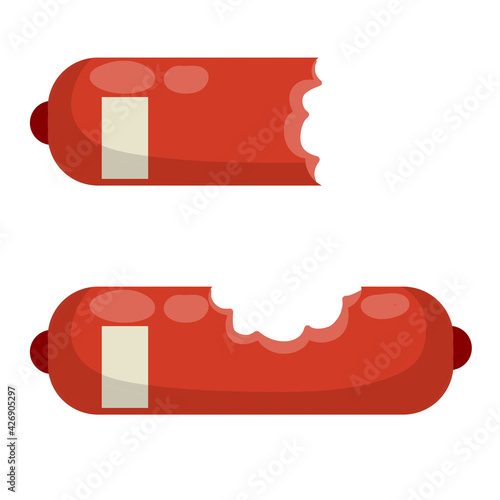 Bitten piece of sausage. Meat product. Food waste. Ingredient for a burger and sandwich. Flat cartoon illustration