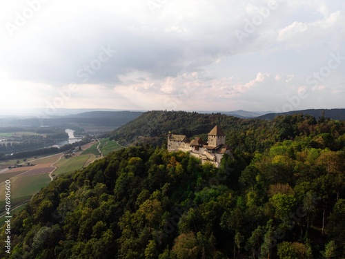 Aerial panorama view of ancient historic medieval castle Burg Hohenklingen in colorful forest Stein am Rhein Switzerland photo