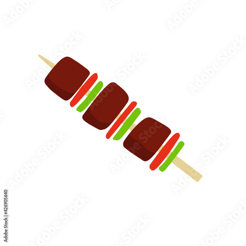 Shish Kebab Meat with vegetables on a stick or skewer. Grilled pork Barbecue. Flat cartoon illustration isolated on white