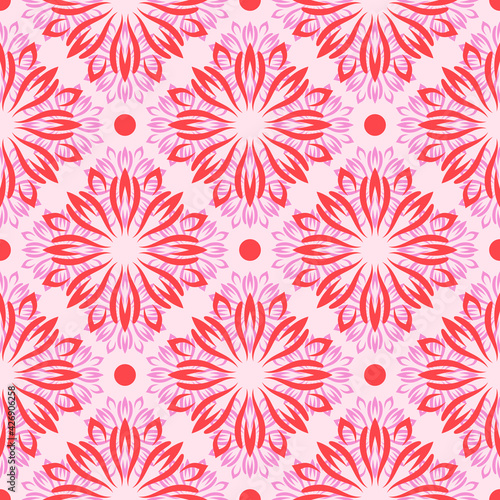 Abstract seamless pattern with mandala flower. Mosaic, tile, polka dot. Floral background.