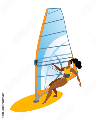 Girl ride a Board with a sail. Isolated vector illustration in a flat style on the theme of windsurfing.