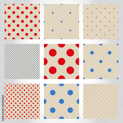 Set of cute polka dot seamless patterns. Collection of geometric backgrounds with dots, circles. Round shapes. 