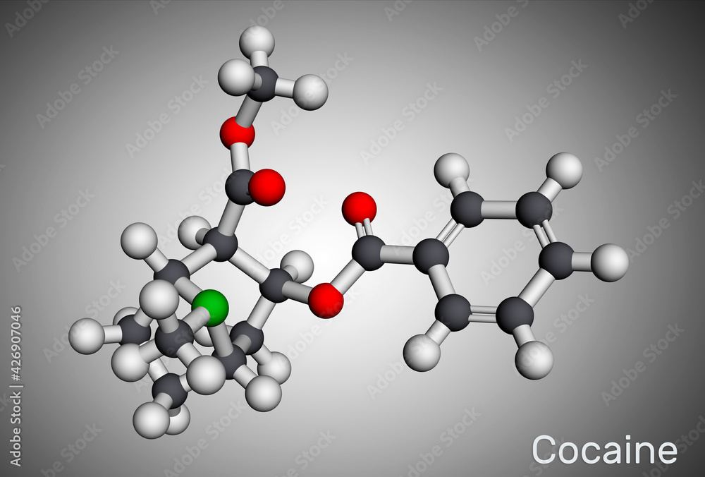 Cocaine, coke, coca molecule. It is tropane alkaloid with central