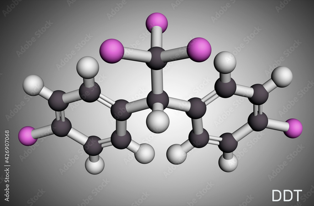 Obraz premium DDT, dichlorodiphenyltrichloroethane molecule. It is commonly used organochlorine insecticide. Molecular model. 3D rendering