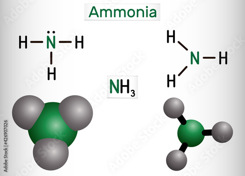 Ammonia, NH3 molecule. It is pnictogen hydride, inorganic compound composed of single nitrogen atom covalently bonded to three hydrogen atoms. Structural formula, molecule model