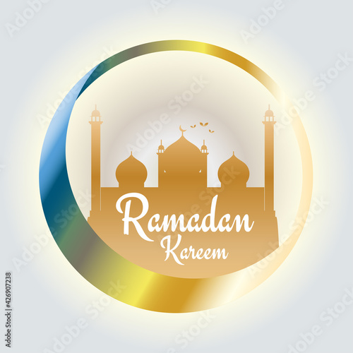 Ramadan kareem greeting poster template with crescent moon and mosque illustration, vector