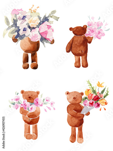 Watercolor illustration set of bears with a beautiful bouquet flowers