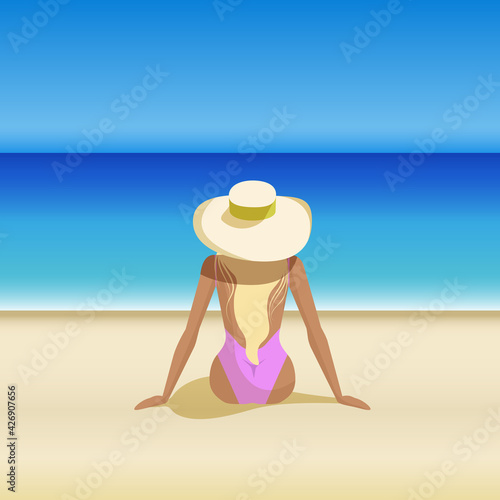 Vektor illustrstion with woman in pink bikini on the beach