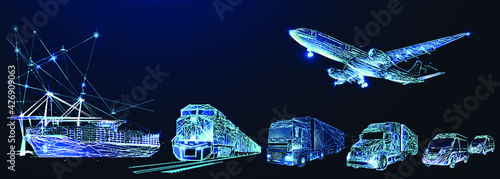 Third party logistics, 3pl, transport, cargo export, import. Integrated warehousing and transportation operation service. Air, road, maritime delivery. Digital polygonal low poly 3d mesh illustration,