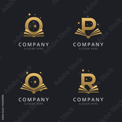 Letter O P Q and R gold with abstract book logo template