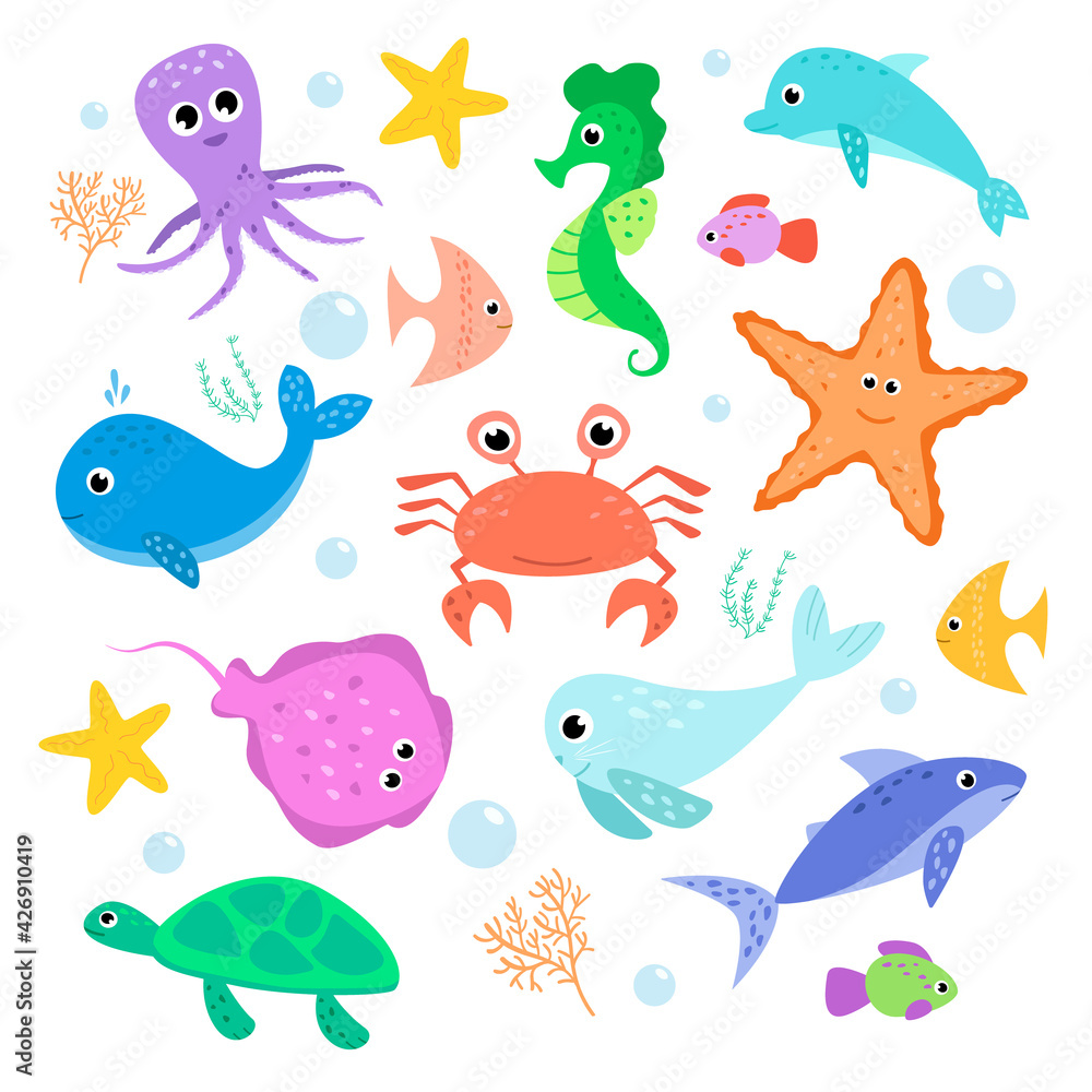 Fototapeta premium A set of colorful sea animals and fish. Flat style. Vector illustration