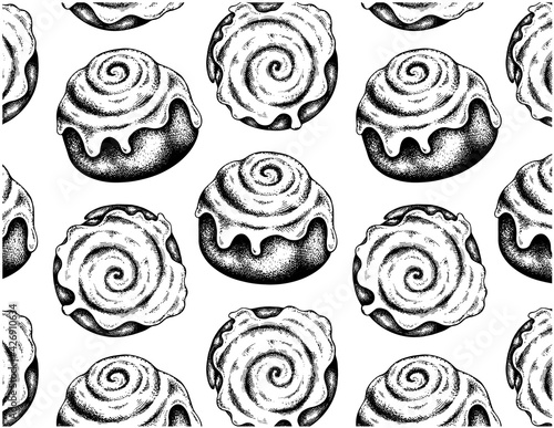 Sketch hand drawn pattern of black cinnamon rolls with icing isolated on white background. Drawing in vintage style cinnamon bun, food wallpaper, desserts, sweets, bakery menu. Vector illustration.