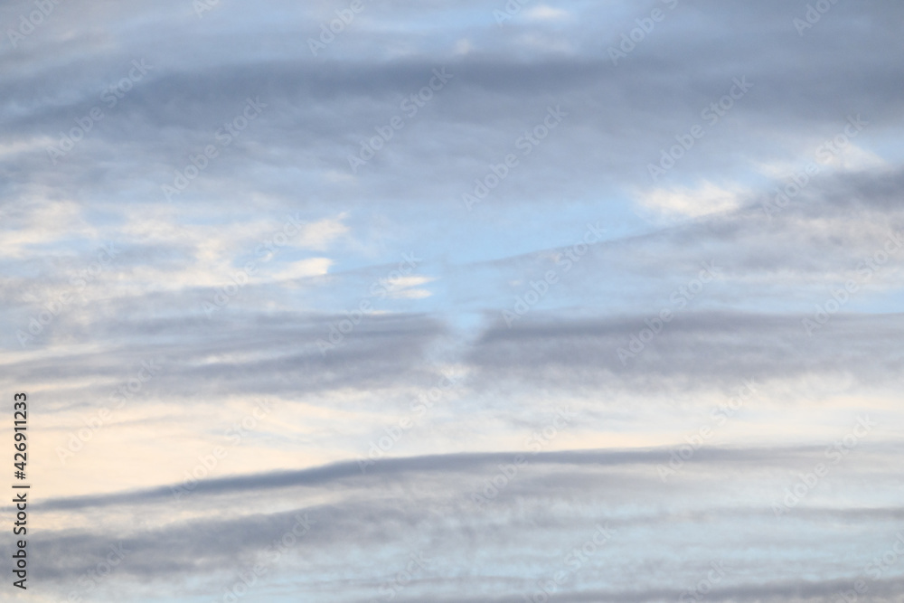 Obraz premium Streaky pastel clouds in early evening, shades of blue, gray, and white, as a nature background 