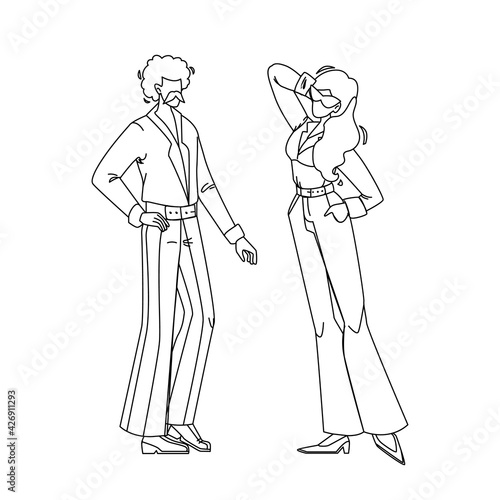 Fashion 1970 Year Disco Style Young People Black Line Pencil Drawing Vector. Man And Woman Wearing Fashion 1970 Clothes, Retro Costume. Characters Vintage Stylish Dressed, Glamor Clothing Illustration
