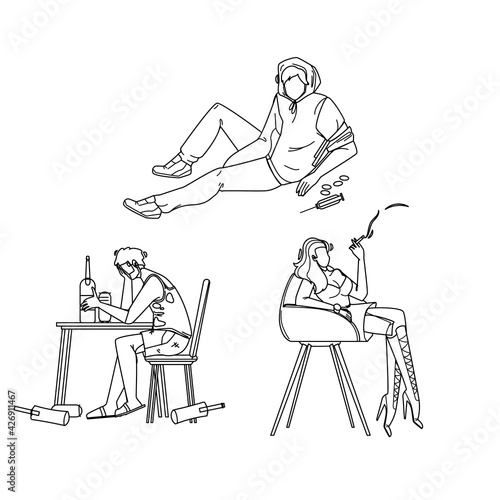 Alcohol, Smoke And Drug People Addiction Black Line Pencil Drawing Vector. Alcoholic Drunk Man, Junkie Addict And Smoker Woman Unhealthy Addiction. Characters Smoking, Narcotic And Alcoholism Problems
