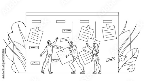 Businesspeople Agile Performing Job Tasks Black Line Pencil Drawing Vector. Men And Woman Workers Agile Taking Noted Work From Desk. Characters Employees And Sticky Papers On Kanban Board Illustration