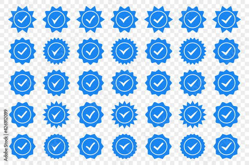 Set of blue check mark badge icons. Profile verification icons