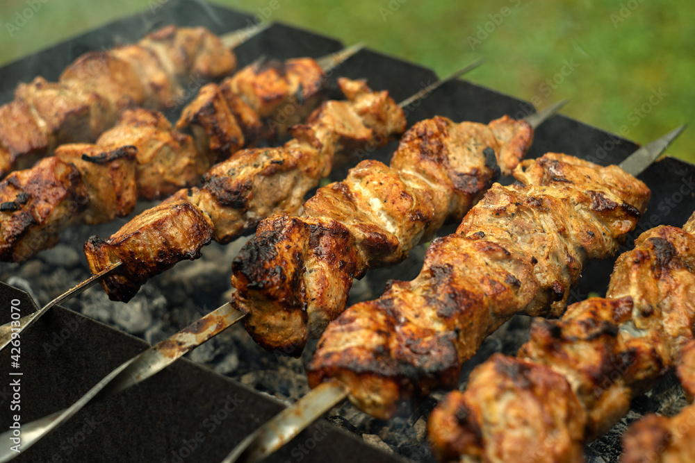 Cooking fried meat shish kebab, on an open fire in the grill.