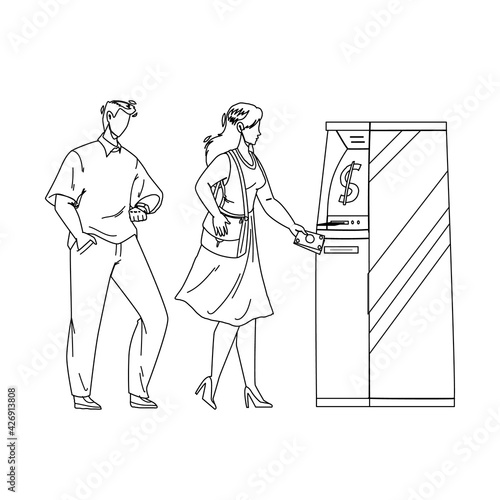 Atm Bank Machine Using Woman For Get Cash Black Line Pencil Drawing Vector. Young Girl And Man Use Atm Electronic Equipment For Getting Money Banknotes. Characters Financial Service Illustration