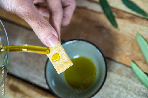 Salty snack of chickpea croutons with olive oil