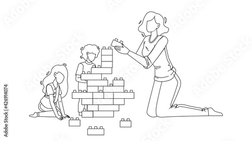 Woman Babysitting And Playing With Children Black Line Pencil Drawing Vector. Young Girl Babysitting And Play With Kids. Characters Babysitter And Babies Building Tower With Blocks Toys Illustration