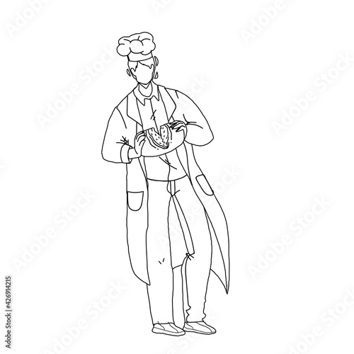 Baked Bread Breaking Bakehouse Worker Chef Black Line Pencil Drawing Vector. Fresh Bread Nutrition Holding Baker Man. Character Hold Bakery Cooked From Dough Food, Delicious Snack Nourishment