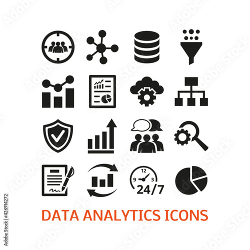 Data analytics icons set on white background.