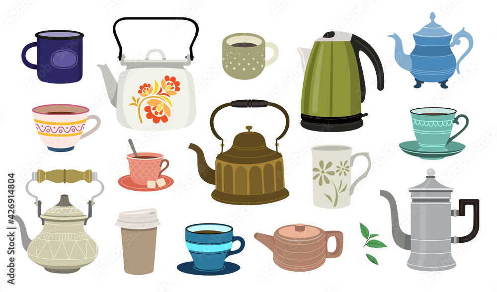 Set of teapots and cups, flat design style. Set of teapots and cups, flat design style.