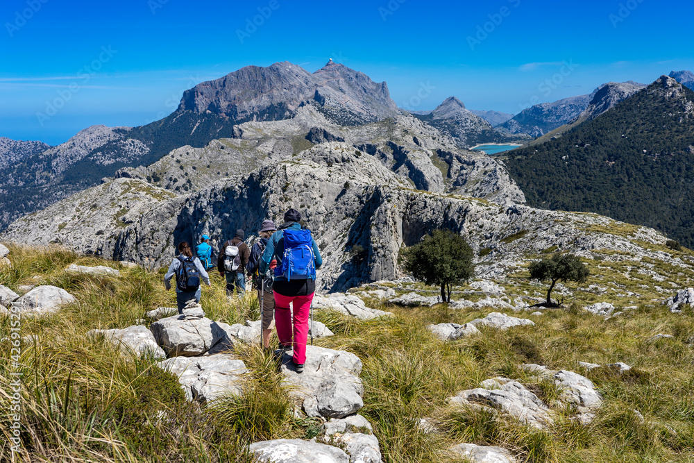 Wanderurlaub in Mallorca im Tramuntana Gebirge - Gruppe auf dem Grat über  Soller mit Blick Richtung Puig Major und Stausee Cuber Photos | Adobe Stock