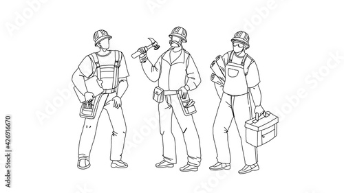 Builders With Building Equipment And Plan Black Line Pencil Drawing Vector. Builders Men Wearing Uniform And Protection Hat Holding Tool Box And Build Documentation Draft. Characters Foremen