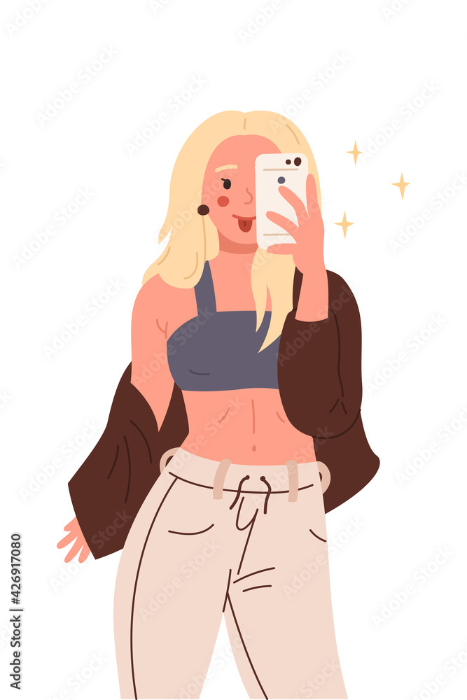 Girl taking a selfie. Vector flat cartoon illustration on white background Girl taking a selfie. Vector flat cartoon illustration on white background