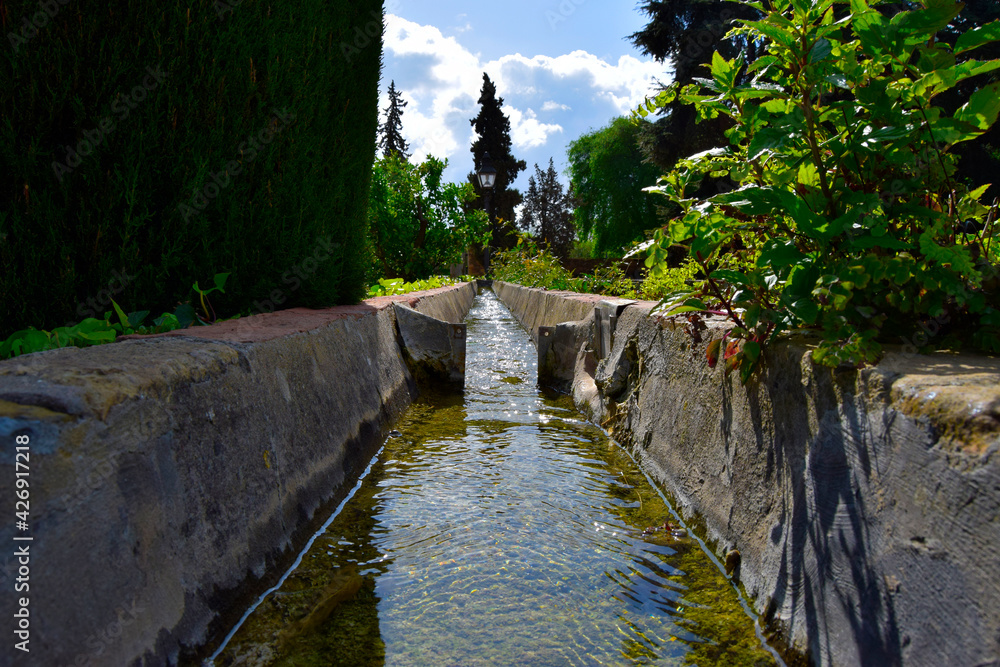 Ditch for irrigation in the gardens of the alcazar in the foreground